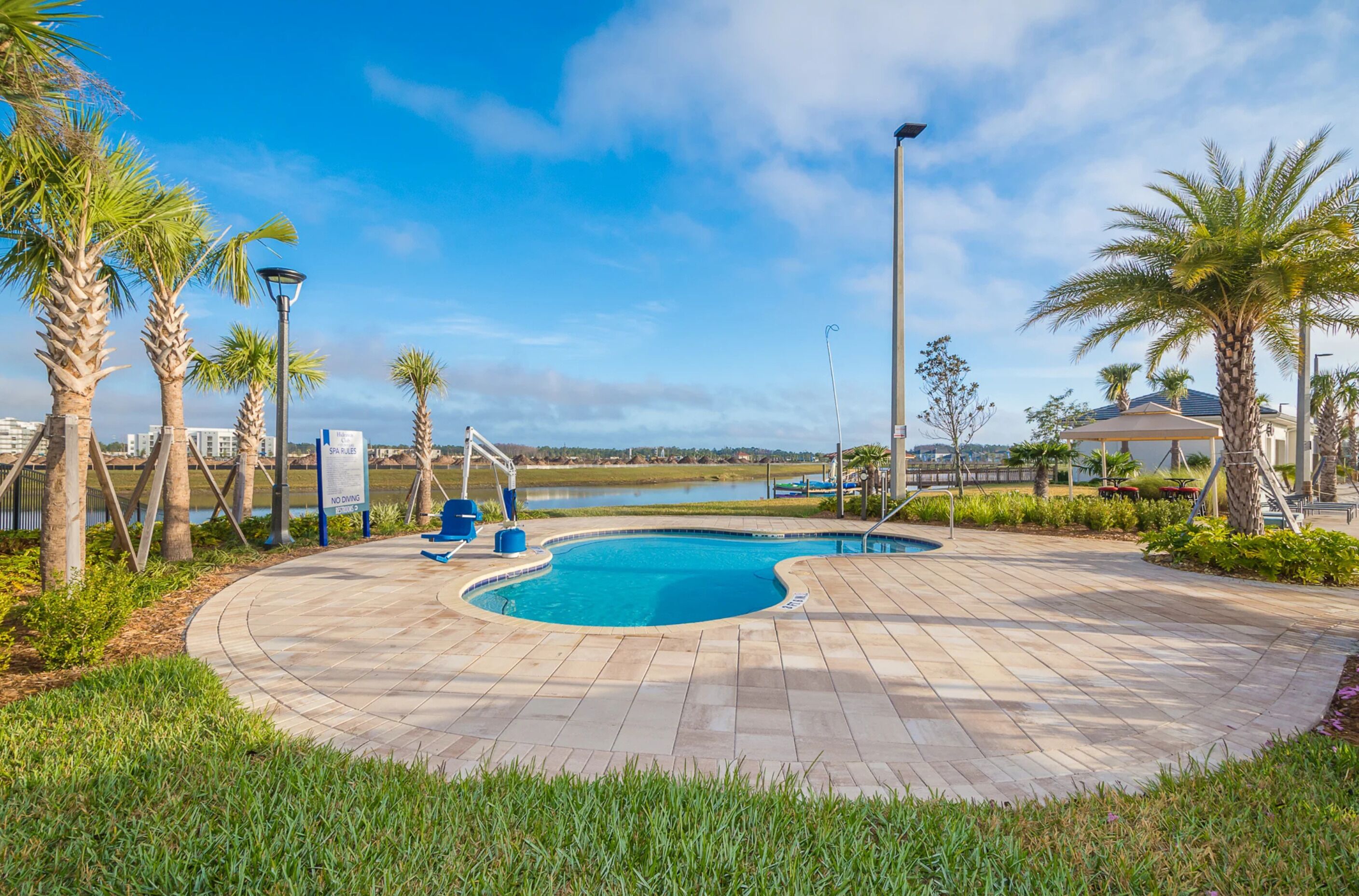 A swimming pool with a curved design, surrounded by palm trees and a clear sky.