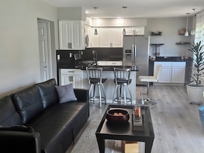 A modern living room with a black leather sofa, a coffee table, and a dining area with two chairs and a kitchen in the background.
