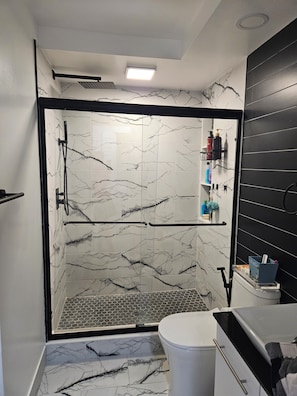 A modern bathroom with a shower, toilet, and sink.