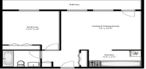 Plantegning med et soveværelse (3,86 m x 3,05 m), stue og spisestue (4,57 m x 3,96 m) samt køkken (2,82 m x 1,65 m).