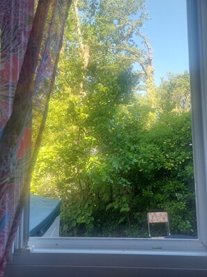 A window with a view of dense green foliage and a small sign in the background. - Enjoy a relaxing vacation in this 4-person mobile home (notre dame de riez)