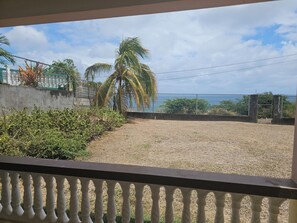 Vista desde un balcón con zona de grava, una palmera y una valla.