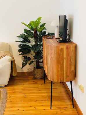Une console en bois sur laquelle sont posés un téléviseur et une lampe, ainsi qu’un pot de fleurs, et un canapé à carreaux dans une pièce dont le sol est recouvert de parquet.
