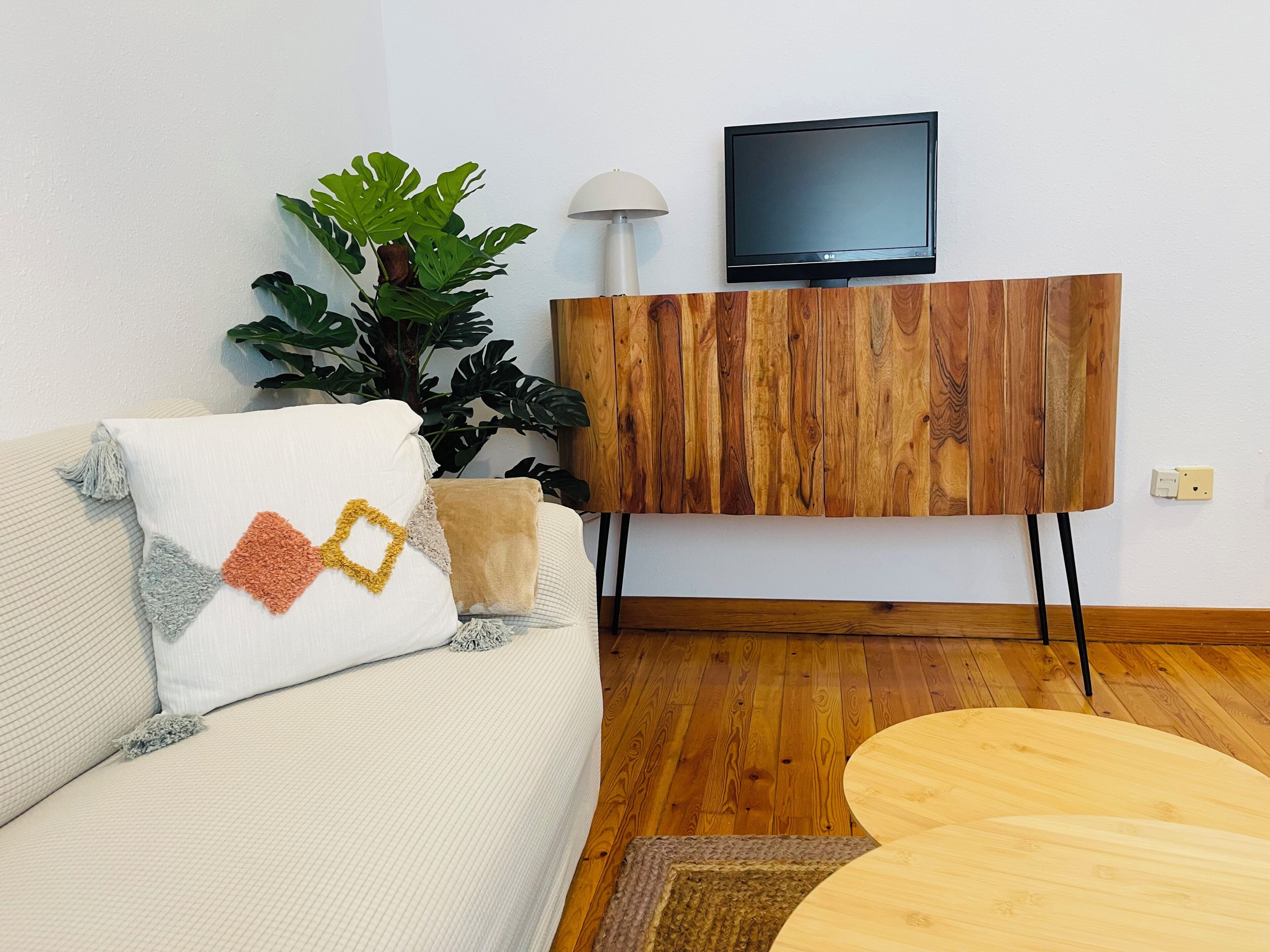 Una sala de estar con un sofá, un televisor sobre un mueble de madera, una planta en maceta y una lámpara.
