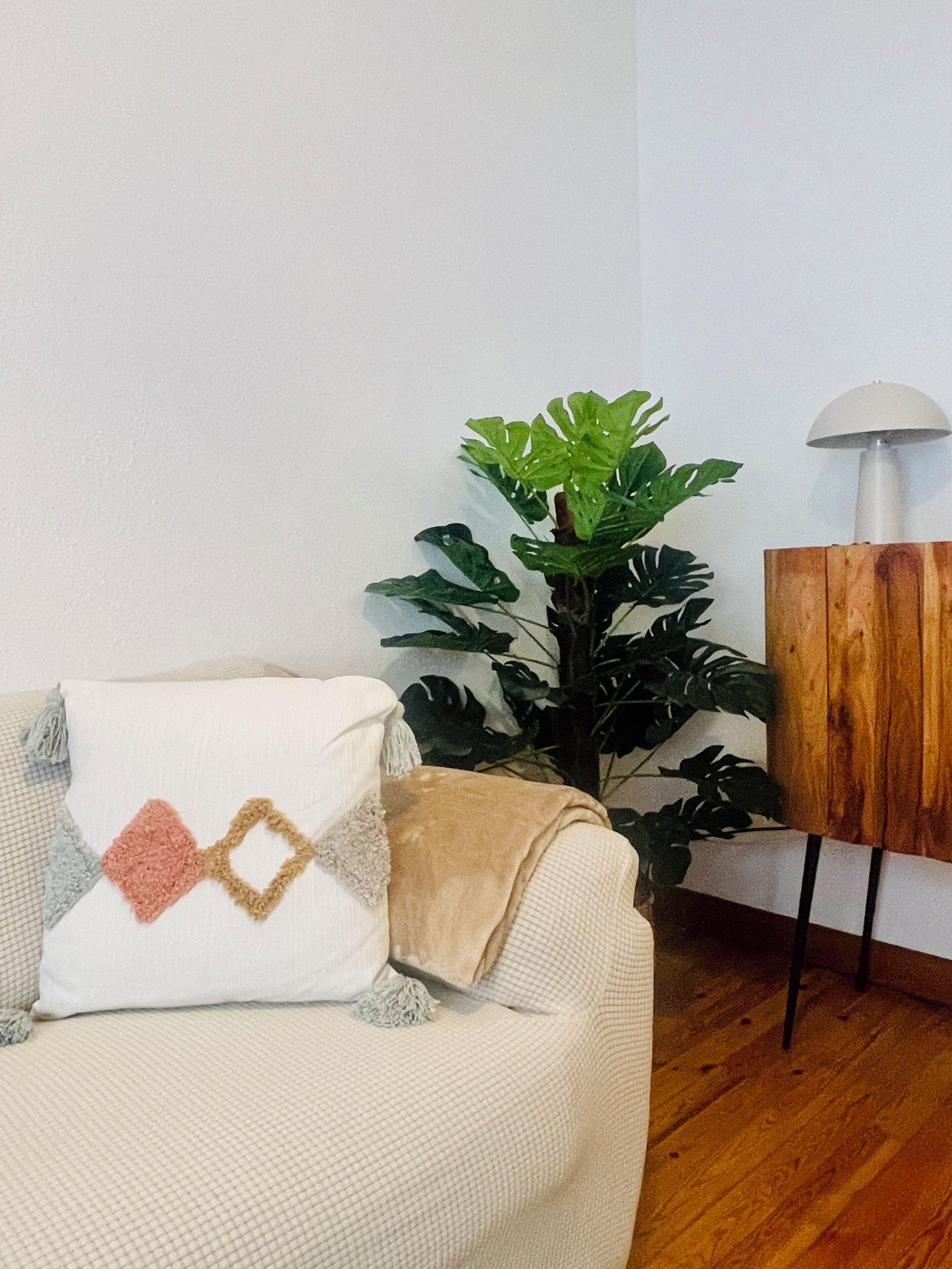Un salon avec un canapé, une plante en pot, une lampe et un meuble en bois.