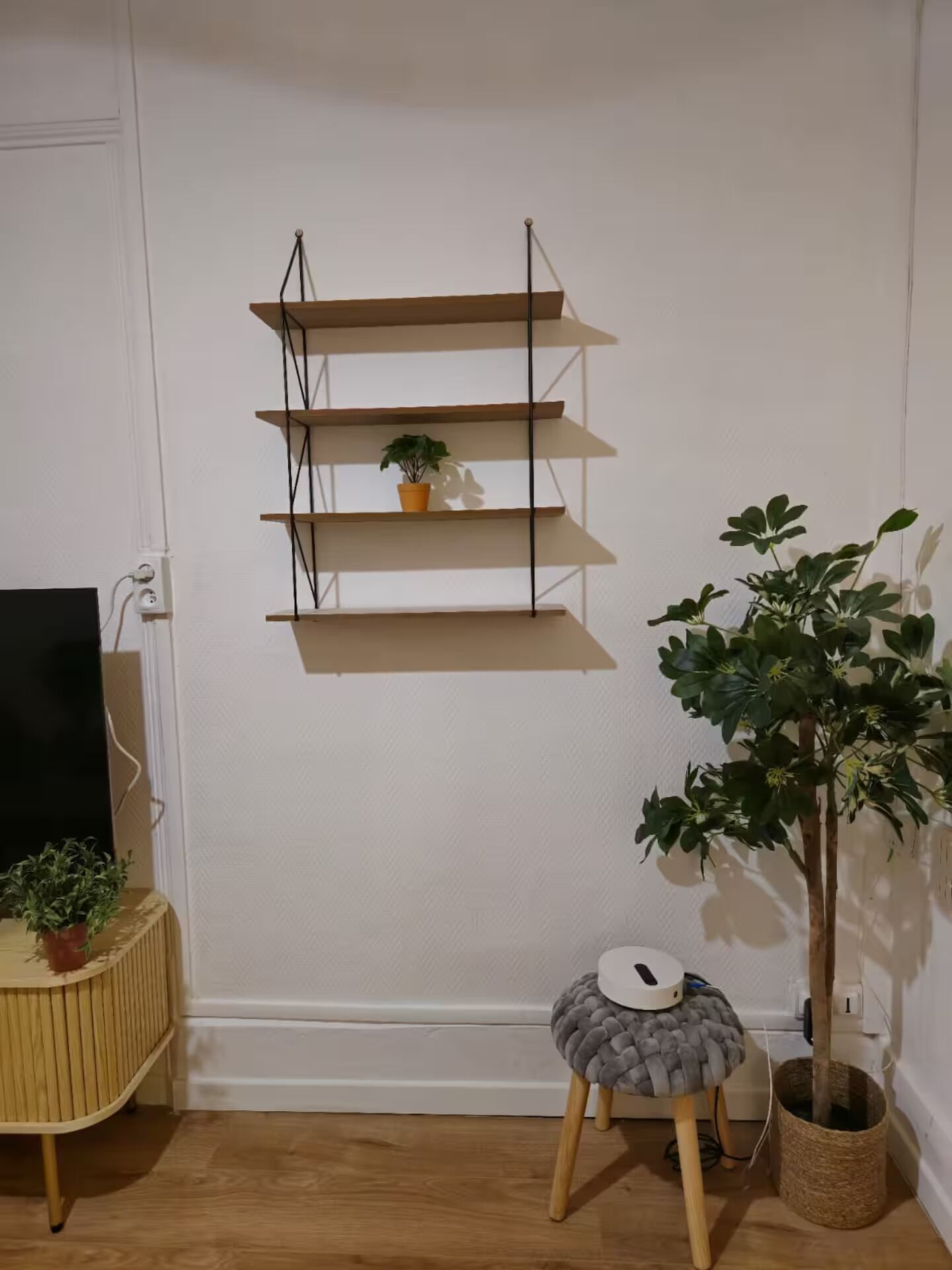 A room with a wall-mounted shelf unit, a potted plant, a small stool with a charging device, and a television on a stand.