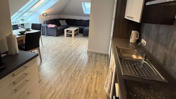 A modern kitchen with a skylight, a dining area with a sofa, and a view of the living room.