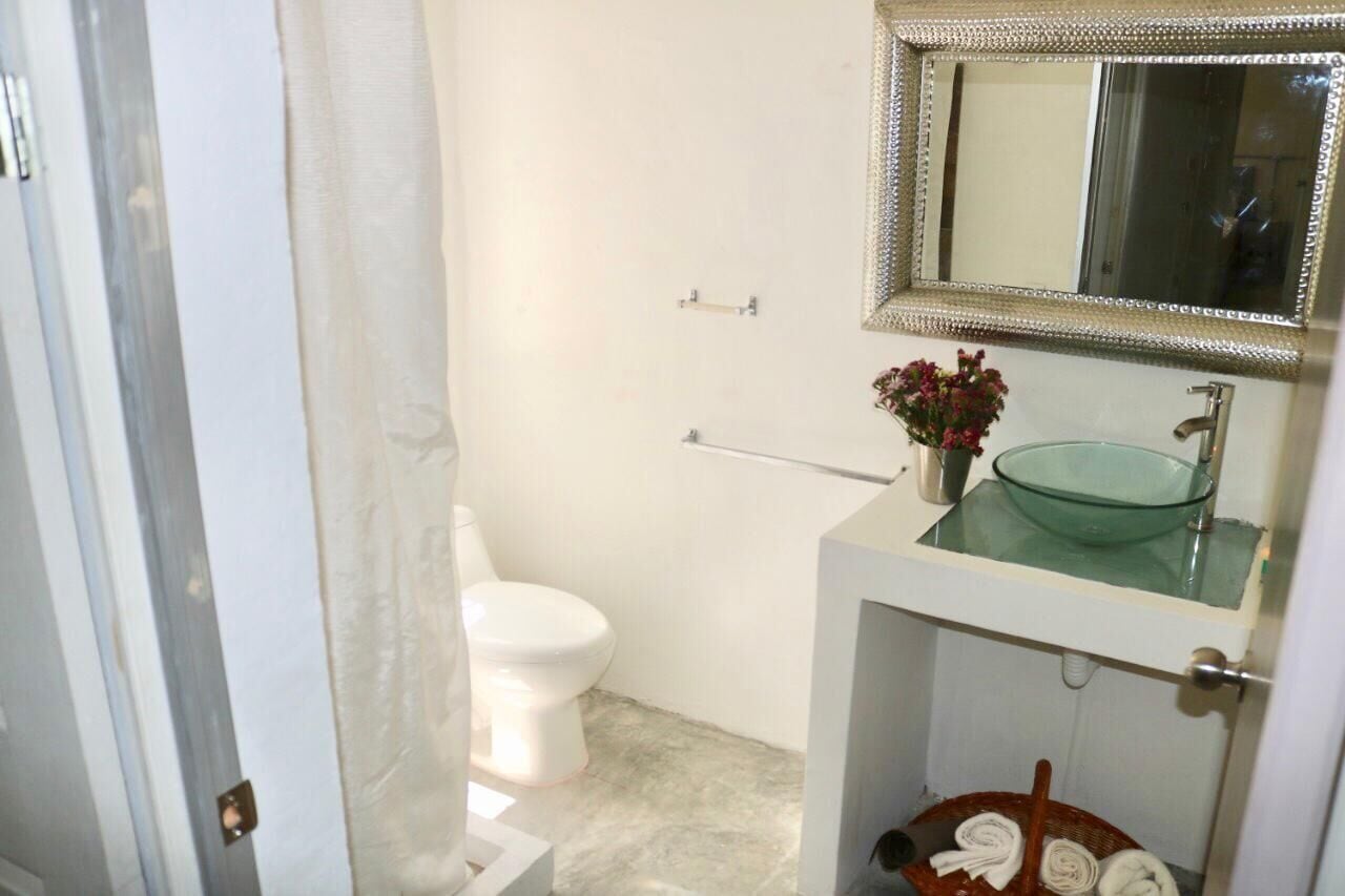 Hair dryer, towels, soap, toilet paper