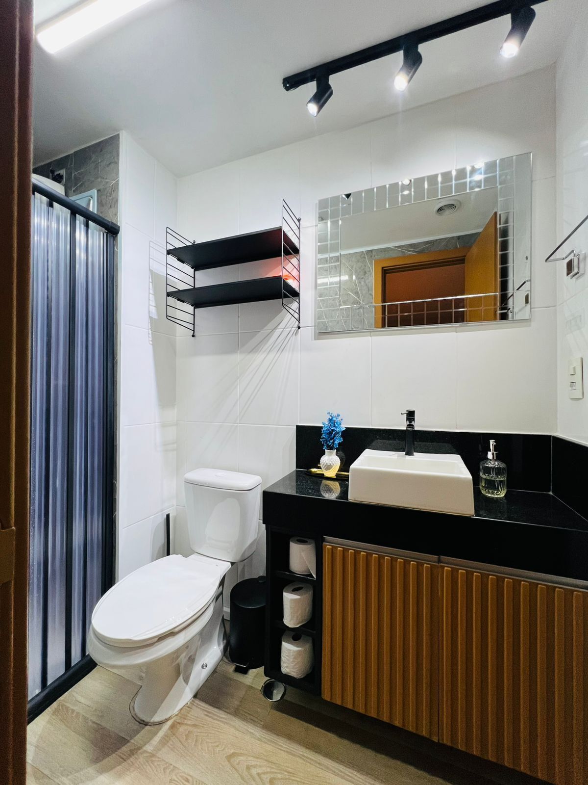 Hair dryer, towels, soap, toilet paper
