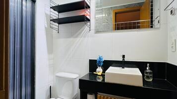 Hair dryer, towels, soap, toilet paper
