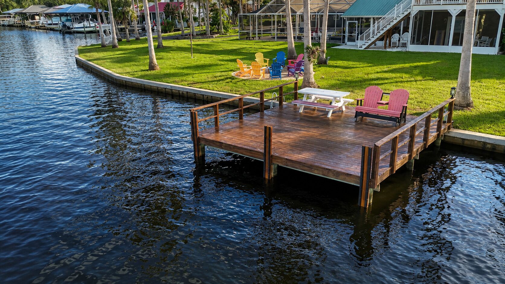 A wooden dock extending into a body of water with a grassy area and colorful chairs on the other side.