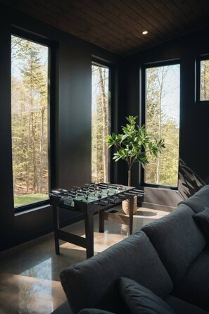 Ein Zimmer mit einer Tischfußballplatte, einem Blumentopf und großen Fenstern mit Blick auf einen Wald.