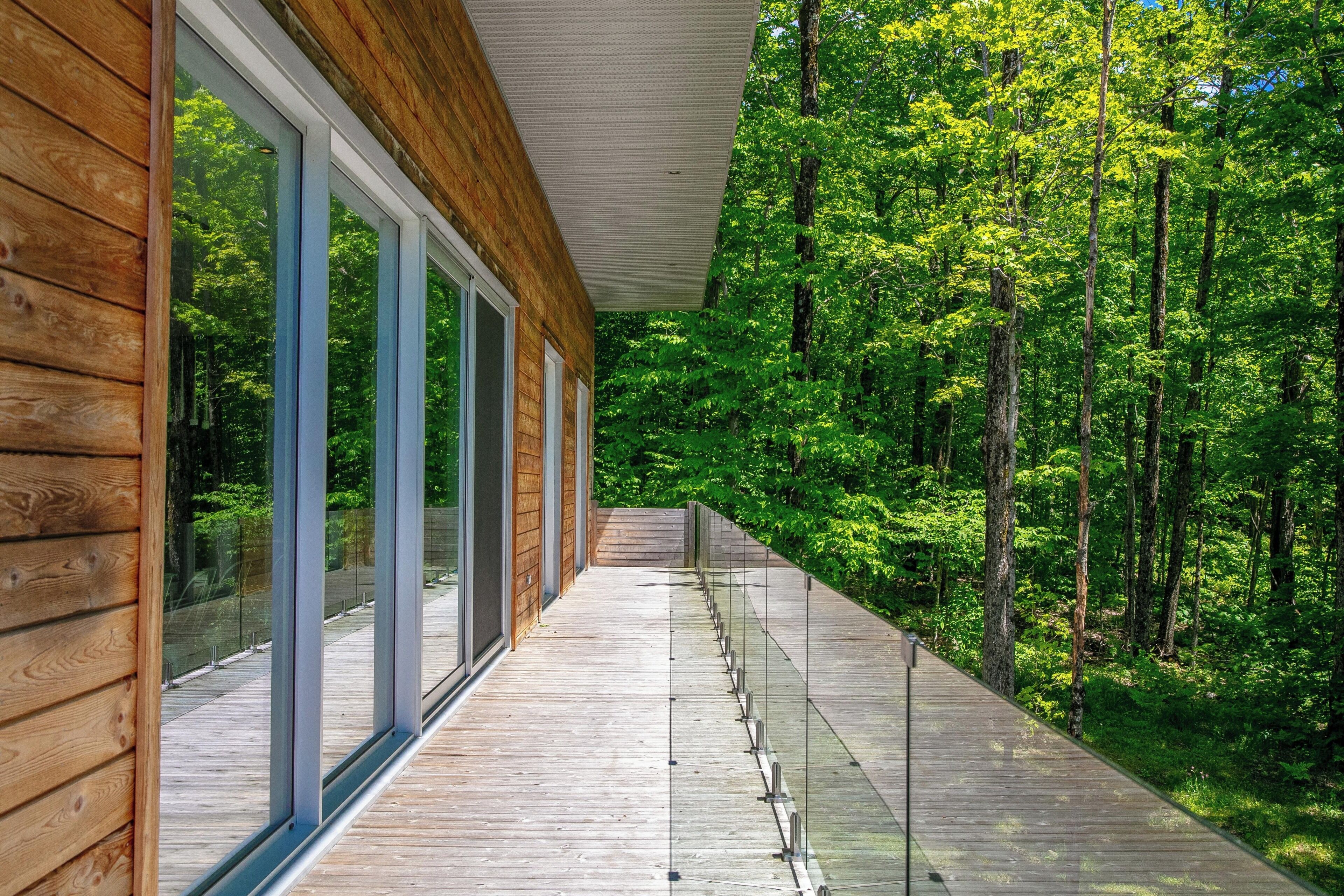 A wooden deck with glass railings overlooking a forested area.