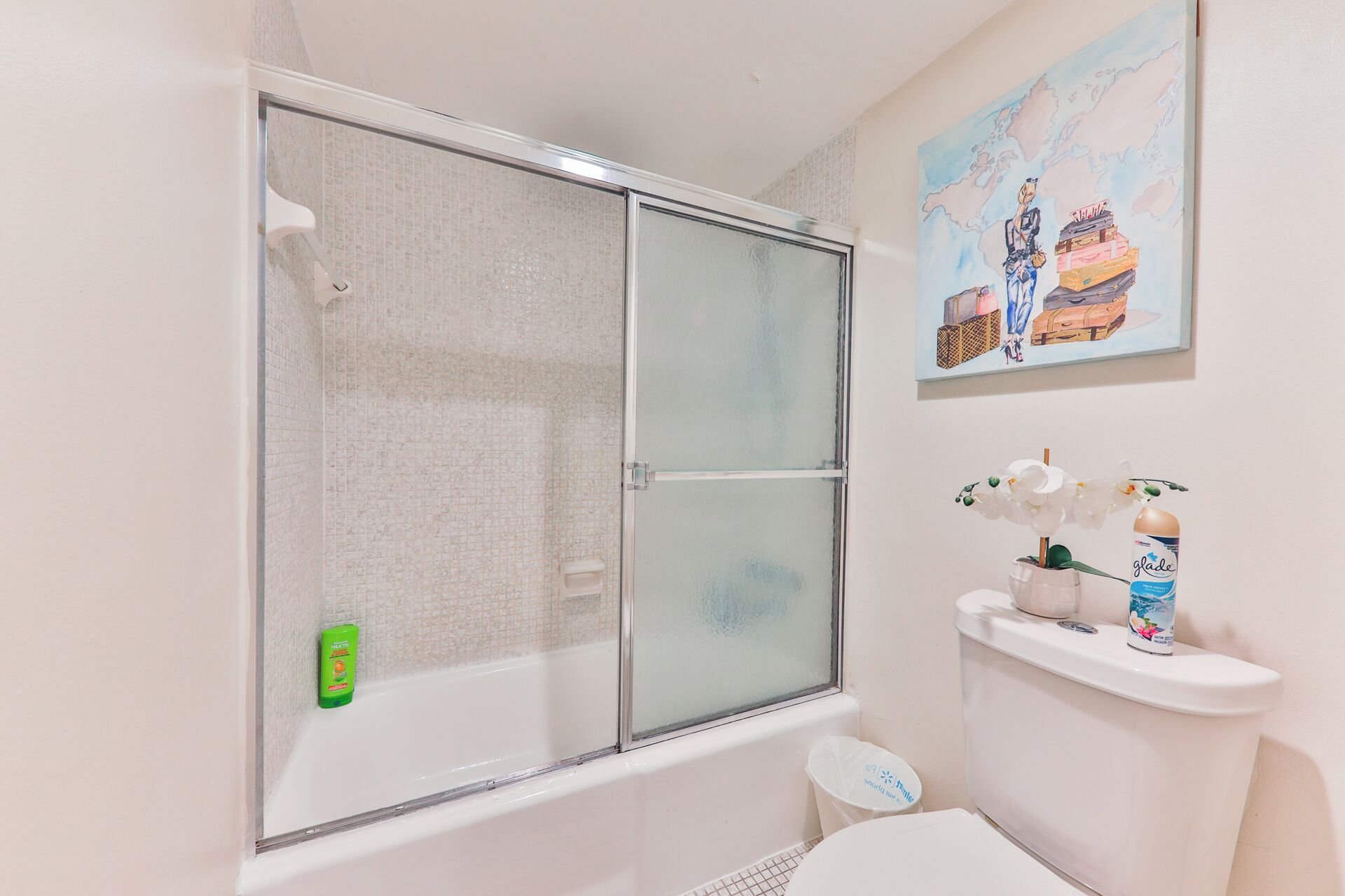 Un bany amb una cabina de dutxa de vidre, un vàter, un lavabo amb una orquídia decorativa i un quadre penjat a la paret.