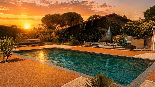 Ein rechteckiger Swimmingpool mit gefliestem Sonnendeck, umgeben von einem angelegten Garten mit verschiedenen Pflanzen und einem Holzzaun.