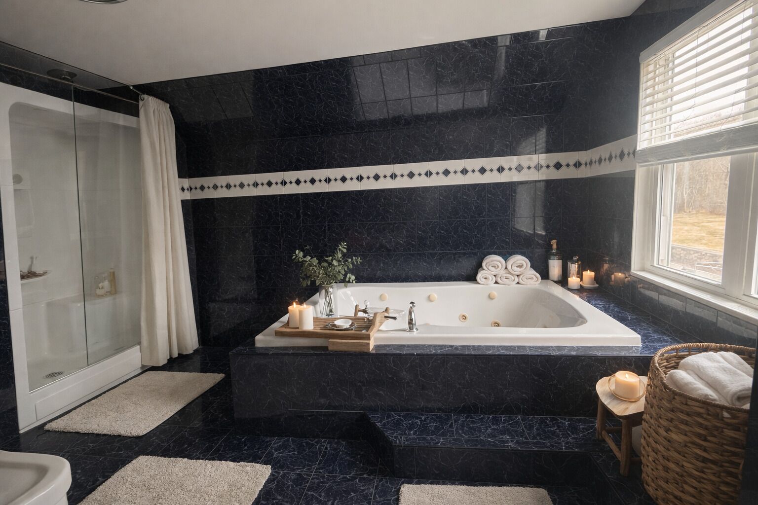 Jetted tub, hair dryer, bidet, towels