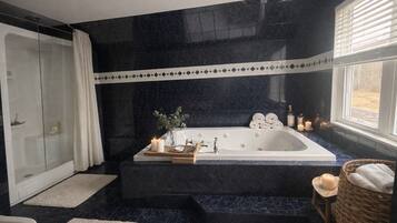 Jetted tub, hair dryer, bidet, towels