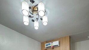A living room with a TV, wooden panel wall, air conditioner, and a ceiling light fixture.
