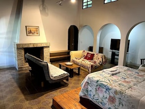 Ein Zimmer mit Kamin, einer Couch, einem Bett und einem Fernseher.