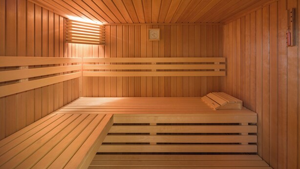 A wooden sauna with benches and a sloped floor. - Delmaro, vacation home 6 pers., near beach. (Middelkerke)