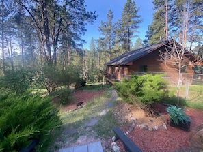 Eine Hütte, umgeben von einem Wald, mit einem klaren Weg dorthin.
