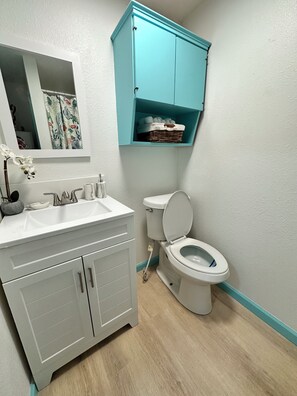 A bathroom with a white sink, a toilet, and a blue cabinet above the toilet. - Cozy 1-bedroom bunkhouse in beautiful Port O'Connor with plenty of room to sleep (Port O'Connor)