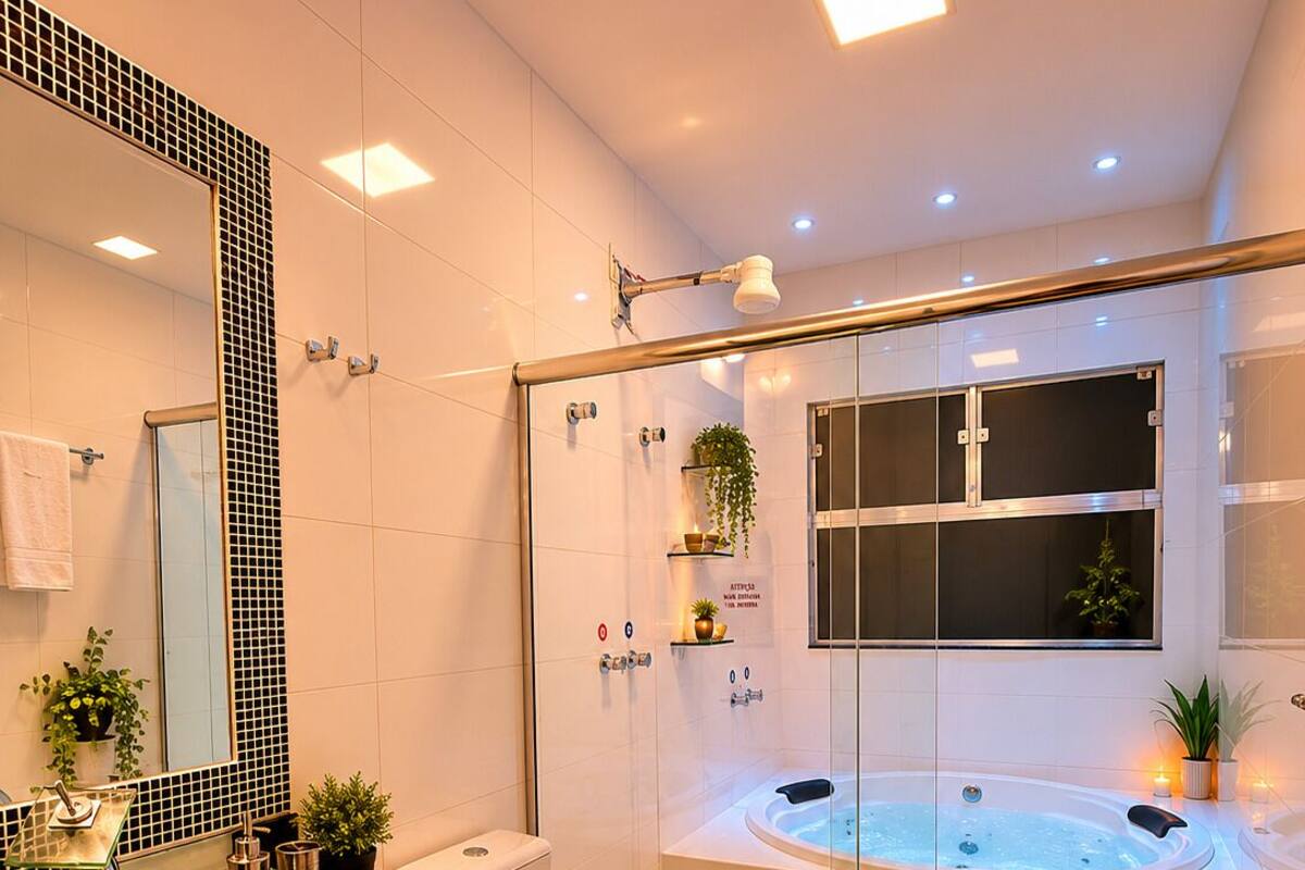 Un baño moderno con ducha envuelta en cristal, una bañera grande, inodoro y lavabo con lavamanos negro.