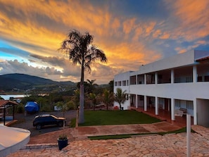 Un edificio moderno con techo plano, patio empedrado y una palmera.