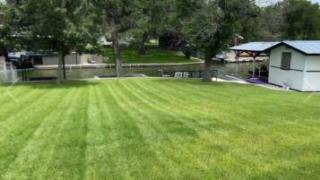 A well-maintained lawn with a small pond, trees, and a building with a covered patio area.