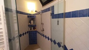 Un baño pequeño con ducha, espejo y televisor montado sobre el espejo.