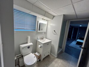 Et badeværelse med toilet, vask, spejl og et vindue med persienner.