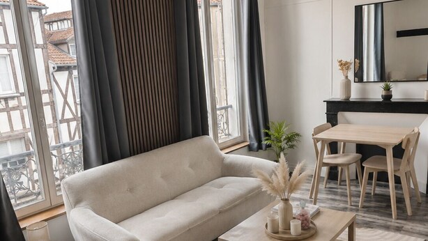 A modern living room with a sofa, a coffee table, a dining table, and chairs. - T2 bright hyper center (Châlons-en-Champagne)