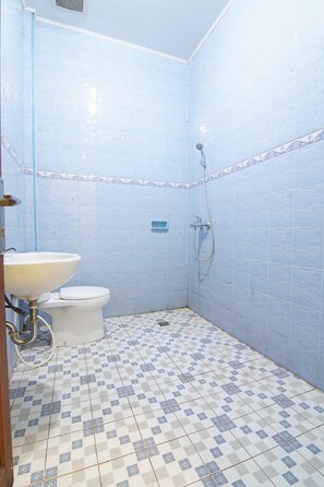 Une salle de bain équipée de toilettes, d’un lavabo et d’une douche.