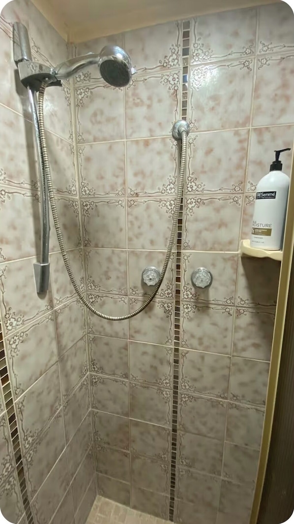 Regadera, toallas, jabón, papel de baño