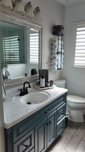 A bathroom with a white sink, a large mirror, a towel rack, and a toilet. - House in Seminole with AC, close to beach, private pool, fenced yard for privacy (Seminole)