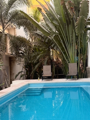 A swimming pool with tiled edges, surrounded by tropical plants and two chairs. - Patio Canarias Suites Pet-Friendly (Chacala)