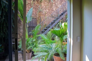A narrow outdoor space with potted plants, a metal staircase, and a wooden fence. - Patio Canarias Suites Pet-Friendly (Chacala)