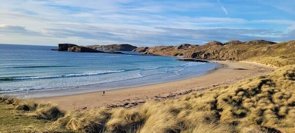 A coastal landscape with a sandy beach, grassy dunes, and a rocky outcrop in the distance.