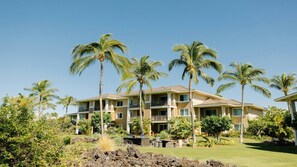 Un hôtel à plusieurs étages, doté d’un toit plat, entouré de palmiers et d’une pelouse bien entretenue.