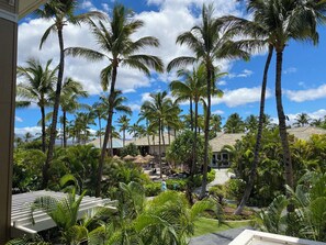 Ein tropisches Resort mit Palmen, einem Poolbereich und blauem Himmel.