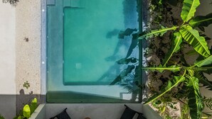 Une piscine rectangulaire à l’eau claire, entourée de plantes et agrémentée d’un espace détente avec deux chaises et une table.