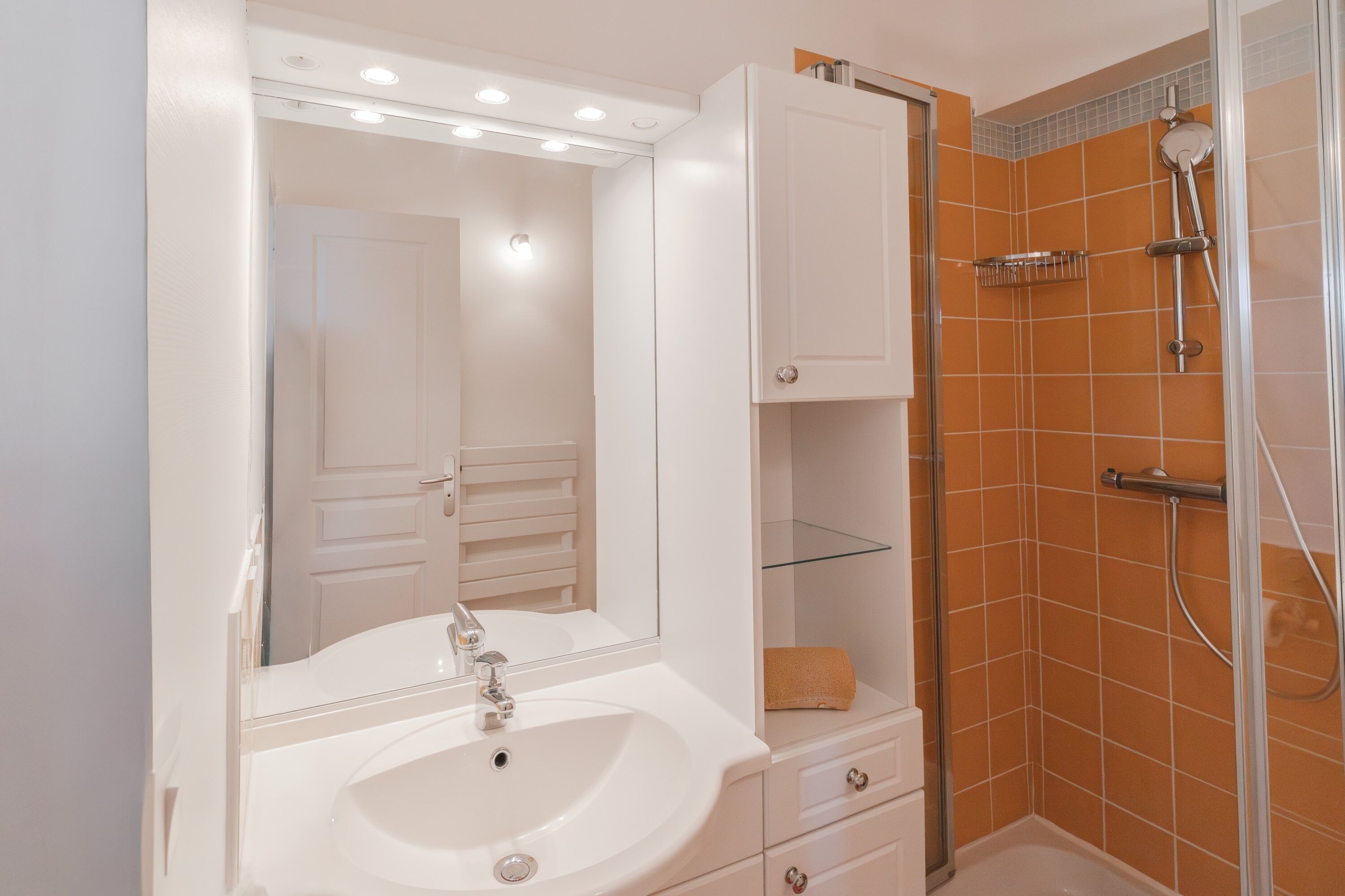 Une salle de bain avec un lavabo blanc, un miroir et une cabine de douche.
