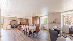 Un'ampia zona giorno con tavolo da pranzo, sedie, divano e cucina sullo sfondo.