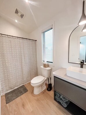 A modern bathroom with a toilet, shower curtain, window with blinds, sink, mirror, and a towel rack. - #2 Peakview @ Royal Gorge (Cañon City)