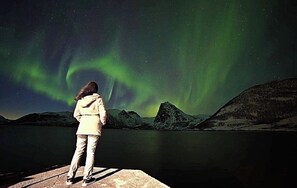 Una persona parada en un muelle observando una masa de agua, con un paisaje montañoso al fondo y auroras boreales en el cielo.
