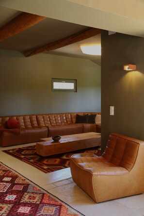 A modern living room with a sectional sofa, a leather armchair, and a patterned rug. - Mas d'âme-Gîte d'exception with swimming pool between sky and hills in Haute Provence (REVEST SAINT MARTIN)