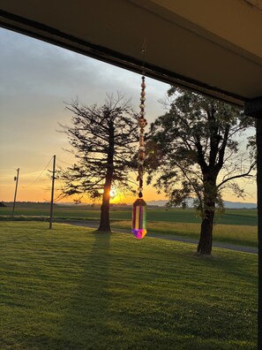 Une vue Ă travers une fenĂȘtre, avec un objet suspendu, des arbres et un coucher de soleil.