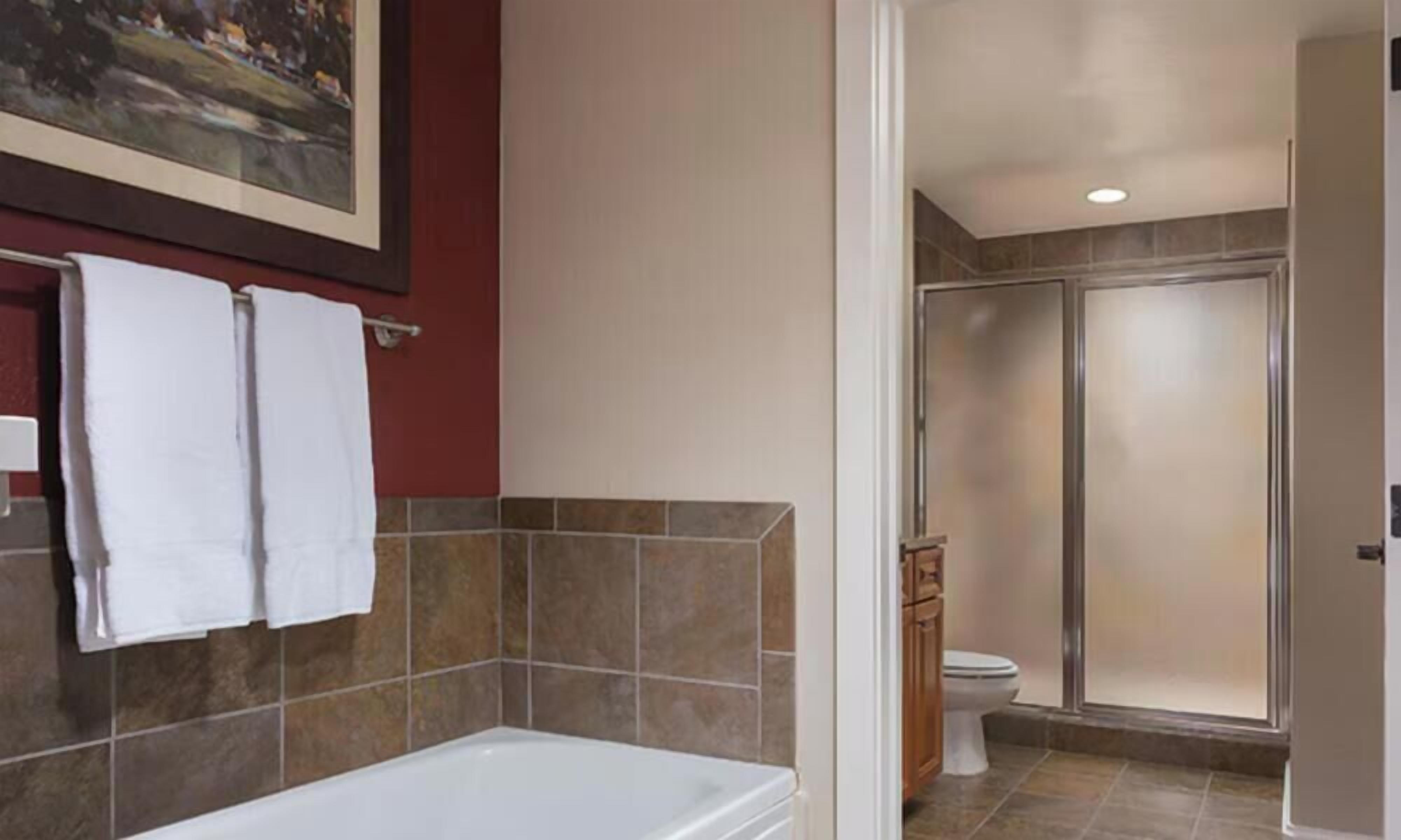 Jetted tub, hair dryer, towels, soap