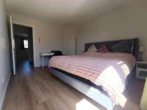 Une chambre à coucher avec un lit, un bureau et une chaise.