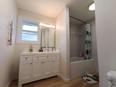 A modern bathroom with a white vanity, a large mirror, and a shower with a curtain.. Full privacy whole Unit 4+ bedrooms next to downtown & airport
